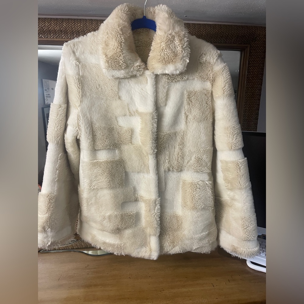 Faux fur cream color block pattern jacket by Tally Ho